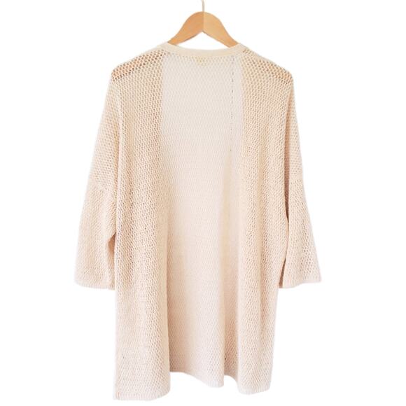EILEEN FISHER Cream Natural Open Knit Long Cardigan Sweater Medium 3/4 Sleeve - Picture 7 of 8